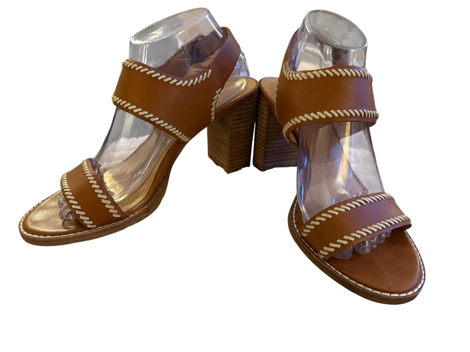 Madewell Brown Leather Block Heel Sandals with White Stitching Detail