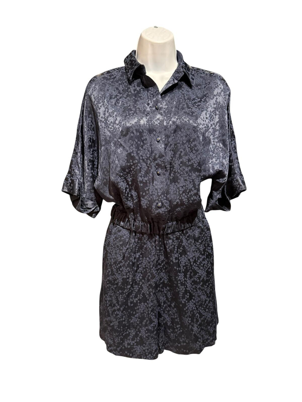 Sezane Editions Black Floral Satin Romper with Elastic Waist