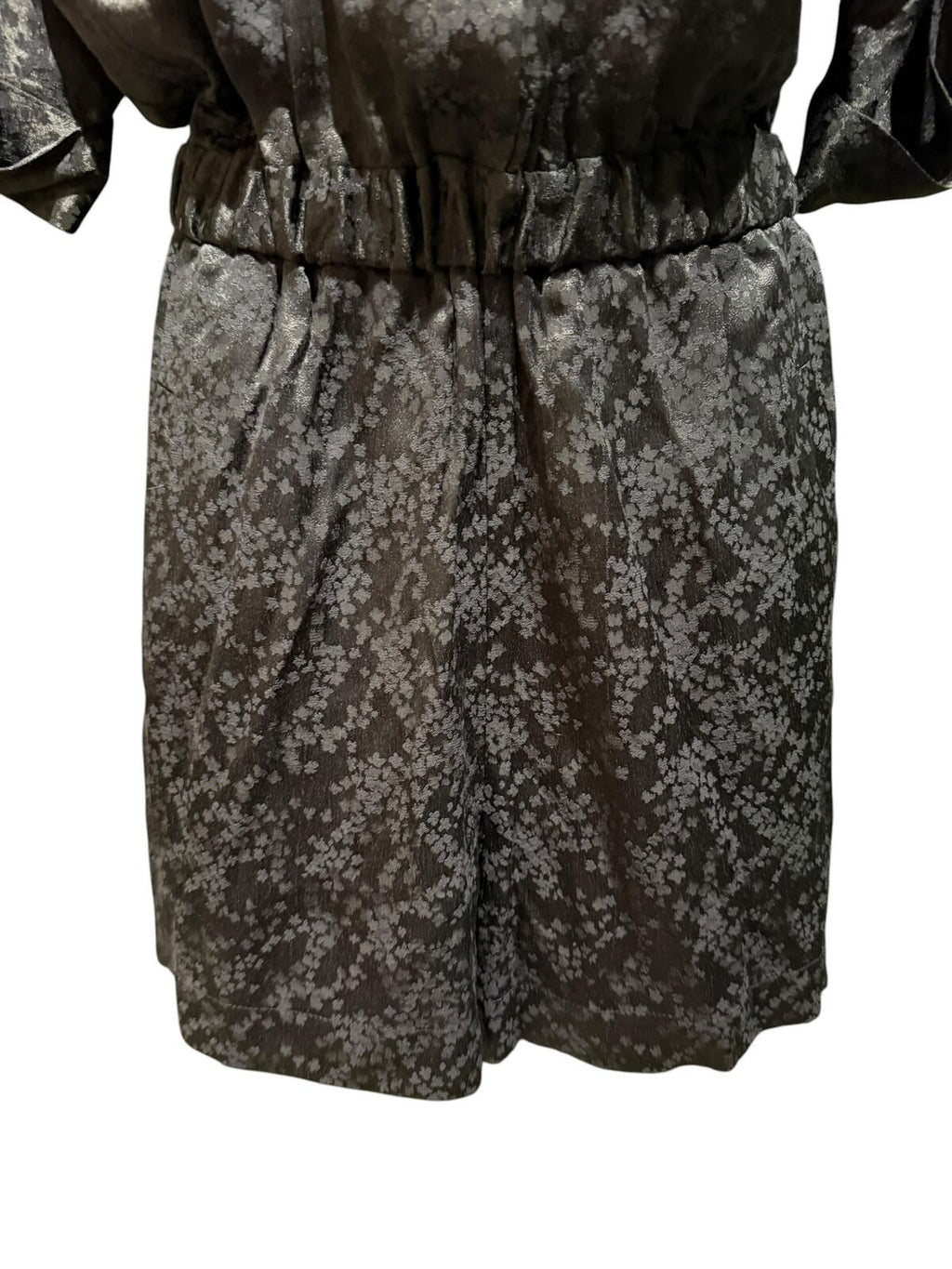Sezane Editions Black Floral Satin Romper with Elastic Waist