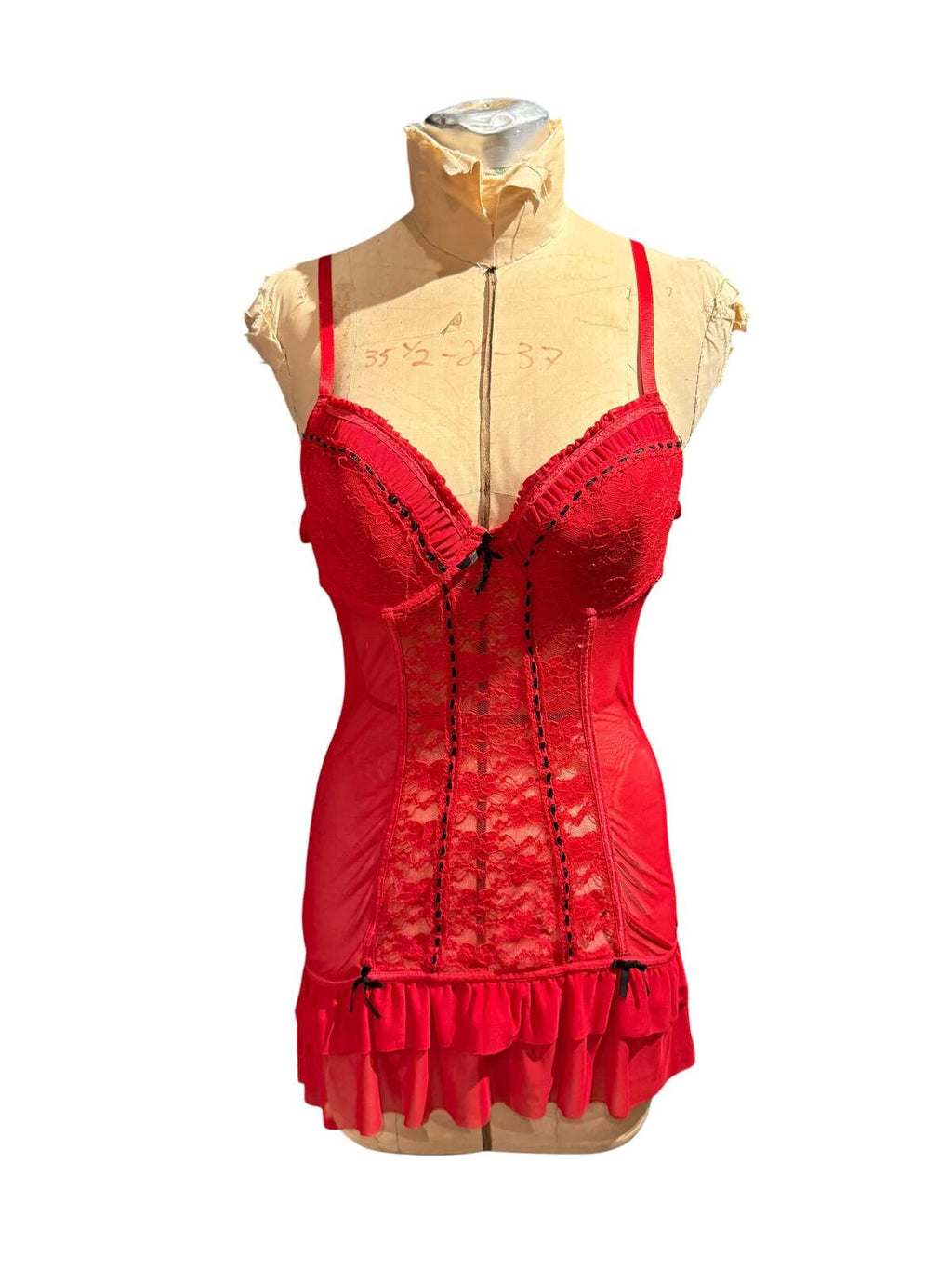 Jezebel Red Lace and Mesh Lingerie Dress with Ruffle Hem