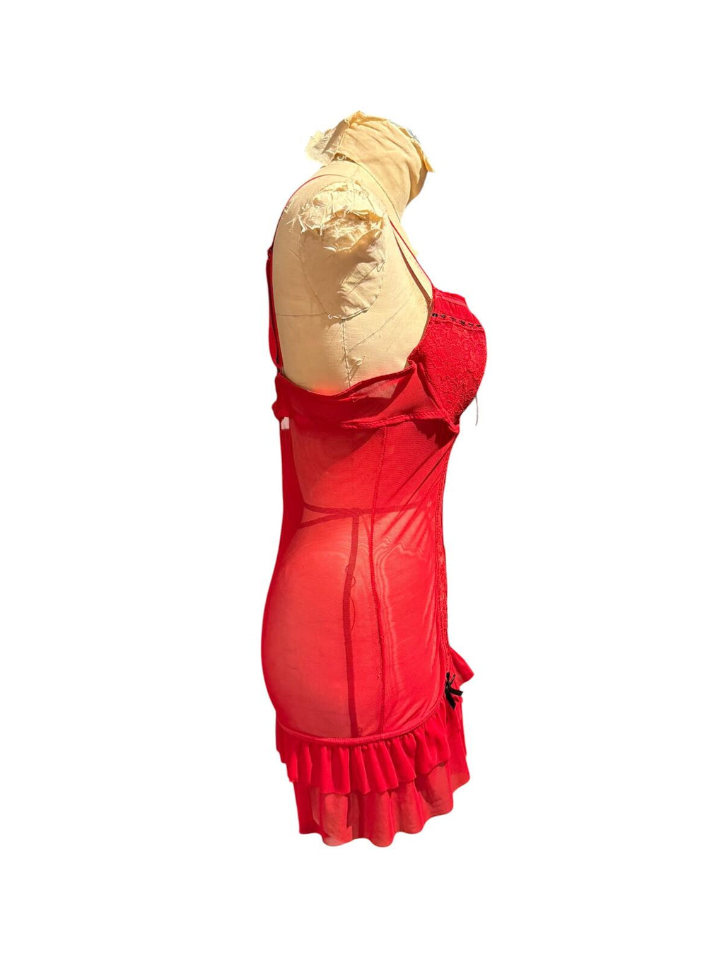 Jezebel Red Lace and Mesh Lingerie Dress with Ruffle Hem
