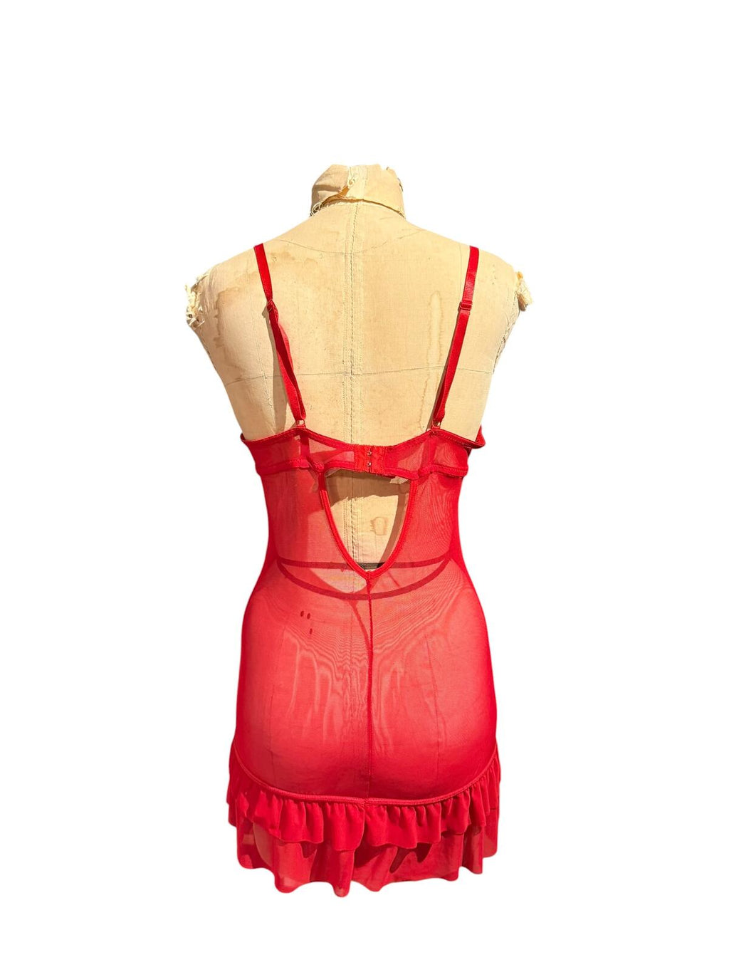 Jezebel Red Lace and Mesh Lingerie Dress with Ruffle Hem
