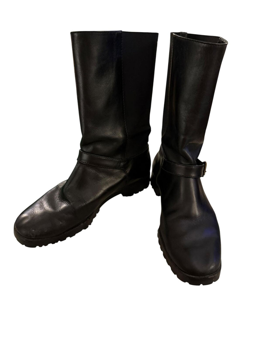 Ralph Lauren Black Mid-Calf Leather Boots with Buckle Strap