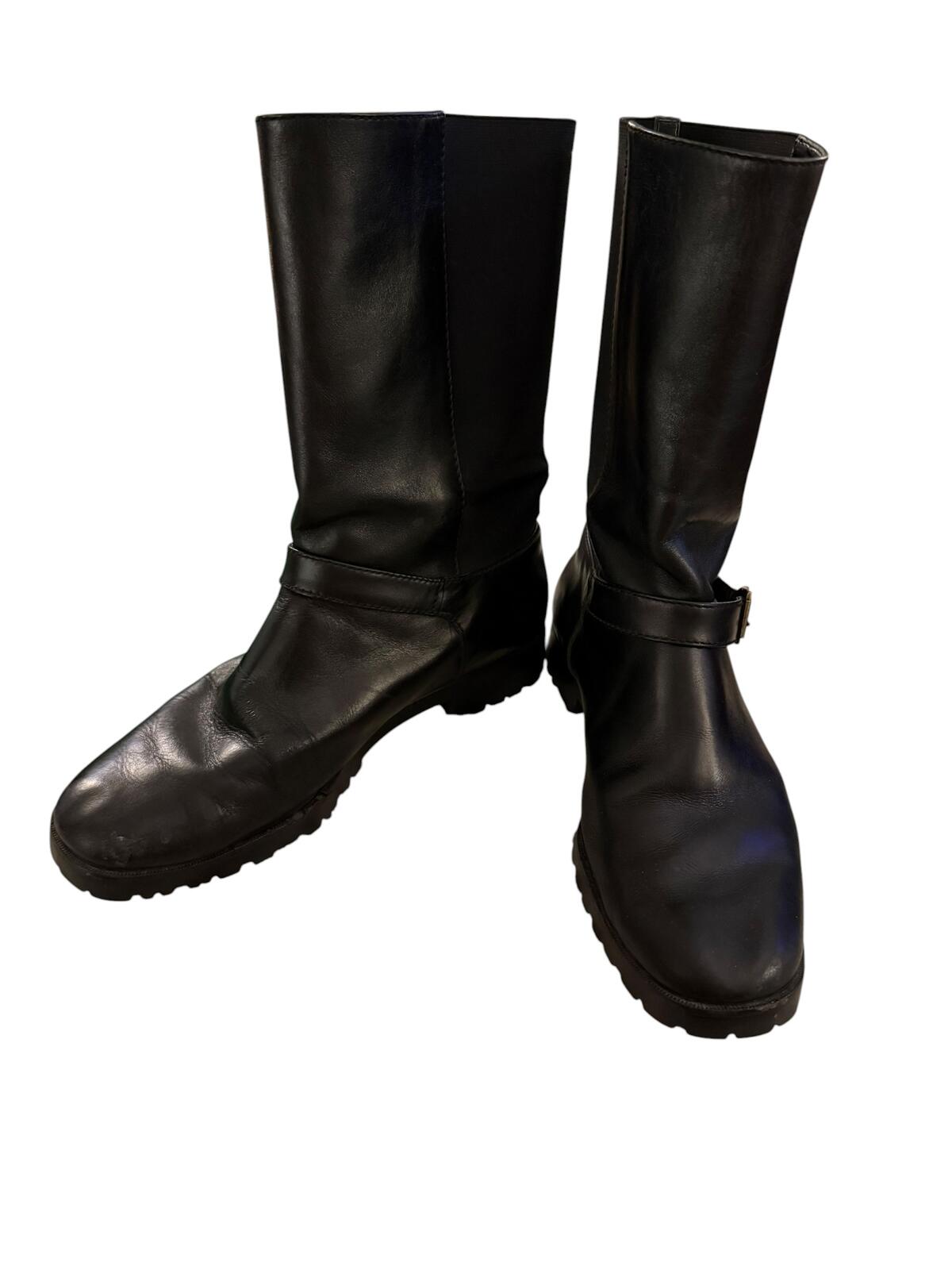 Ralph Lauren Black Mid-Calf Leather Boots with Buckle Strap