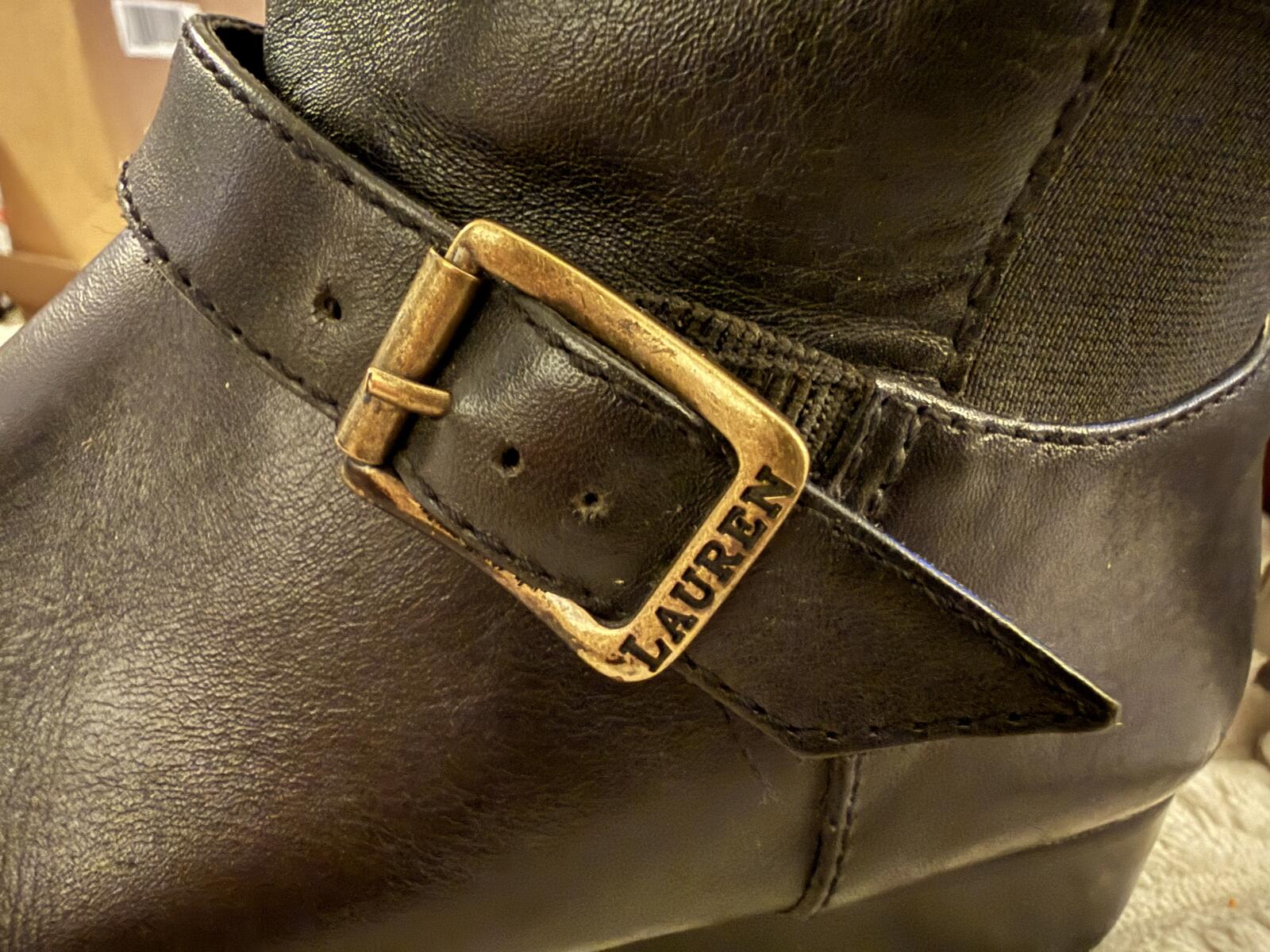 Ralph Lauren Black Mid-Calf Leather Boots with Buckle Strap