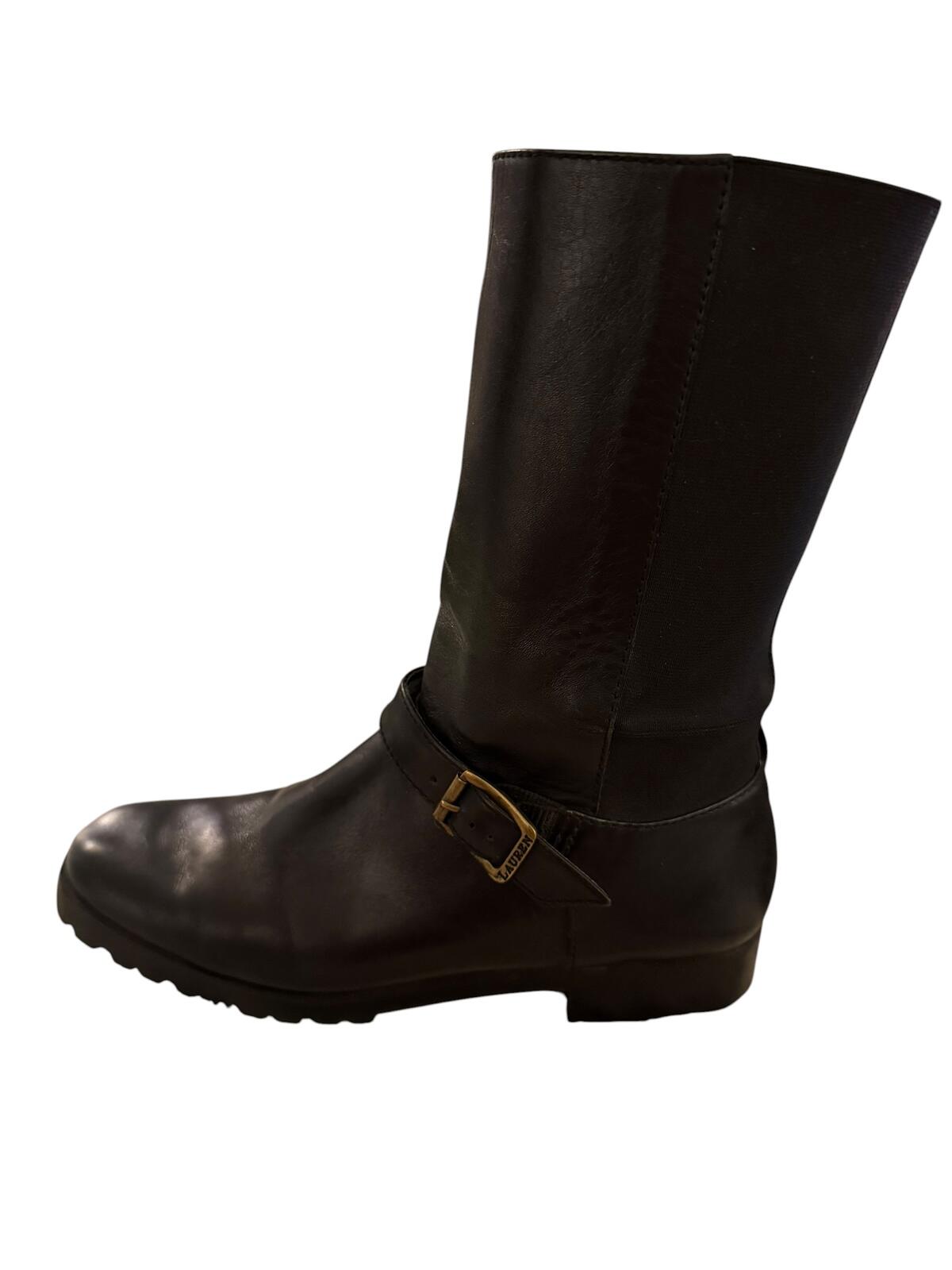 Ralph Lauren Black Mid-Calf Leather Boots with Buckle Strap