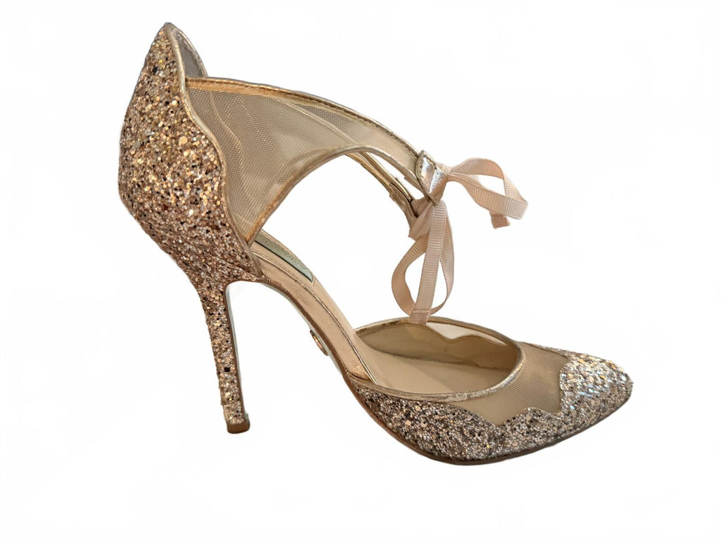 Betsey Johnson Glitter Mesh High Heel Pumps with Ribbon Tie