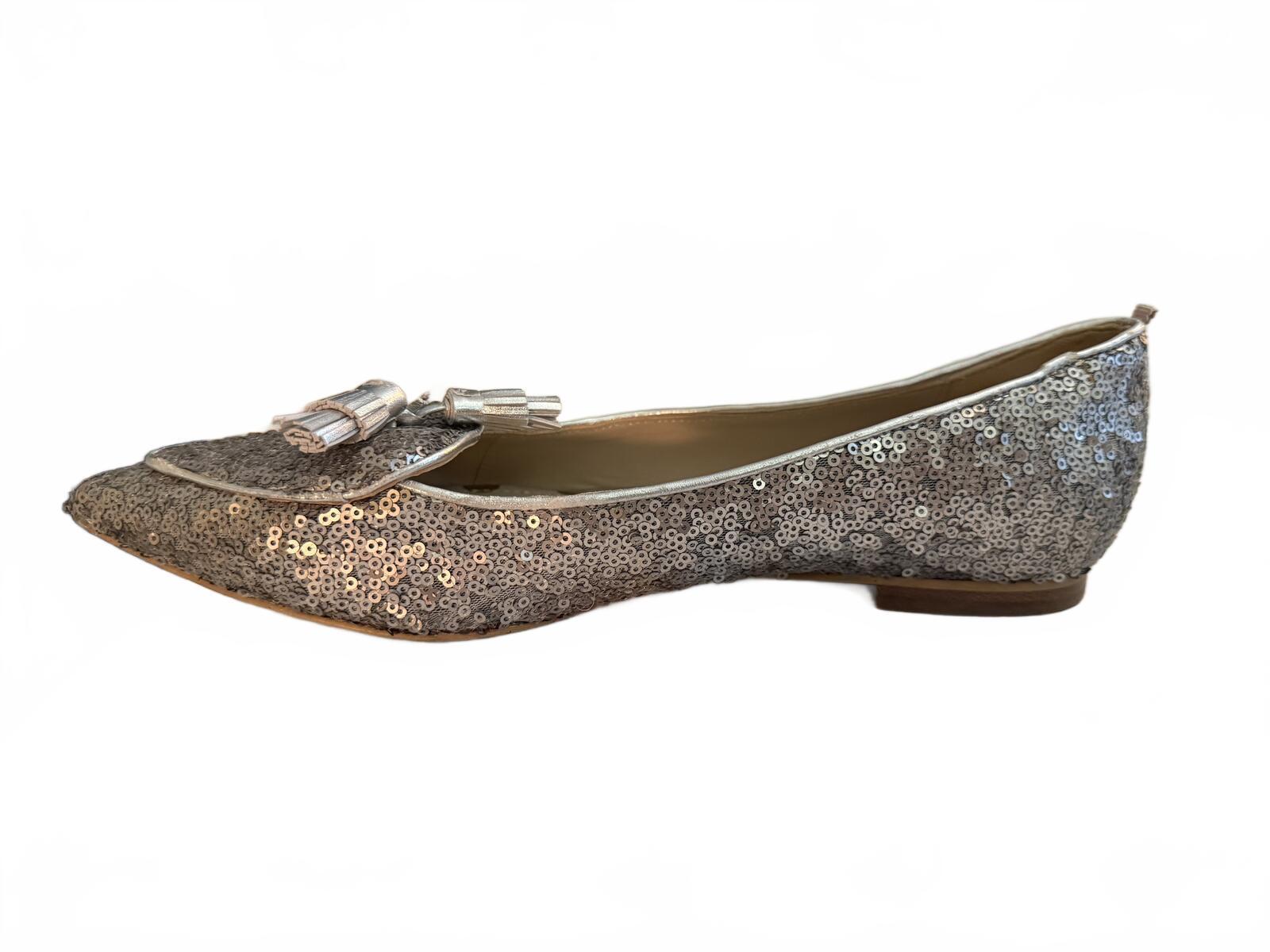 Boden Silver Sequin Pointed Toe Flats with Tassel Detail