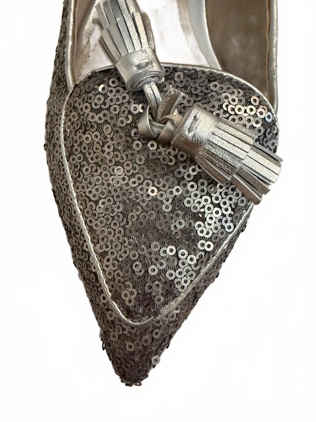 Boden Silver Sequin Pointed Toe Flats with Tassel Detail