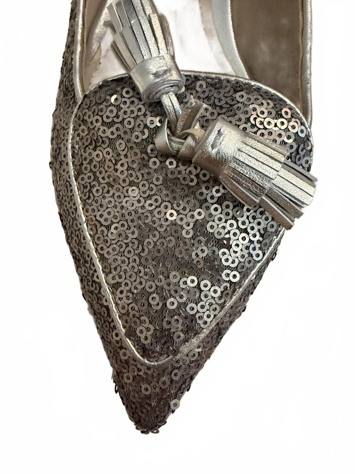 Boden Silver Sequin Pointed Toe Flats with Tassel Detail