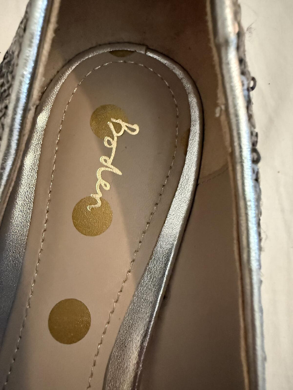 Boden Silver Sequin Pointed Toe Flats with Tassel Detail