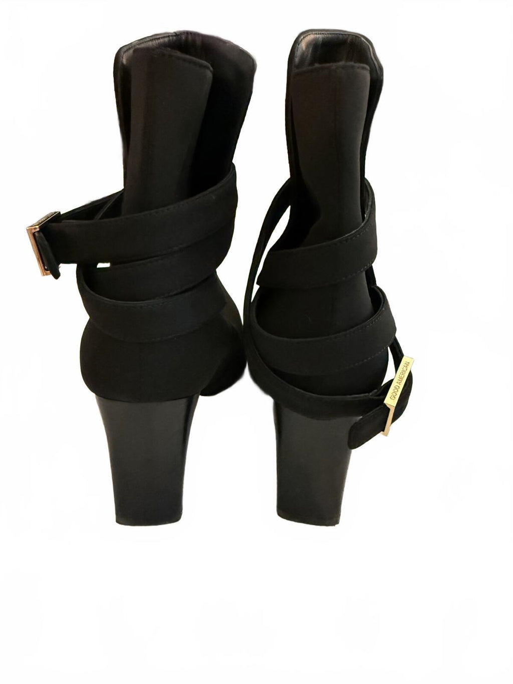 Good American Black Ankle Boots with Buckle Strap and Block Heel