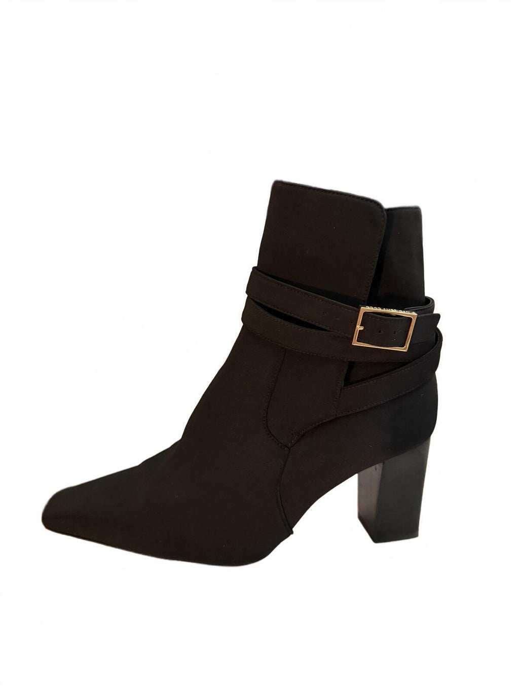 Good American Black Ankle Boots with Buckle Strap and Block Heel