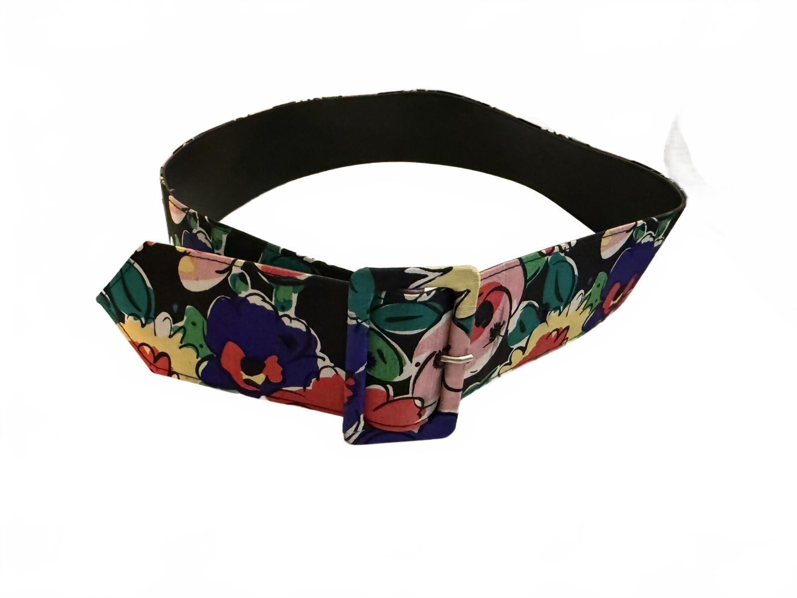 Wide Floral Print Belt with Covered Buckle