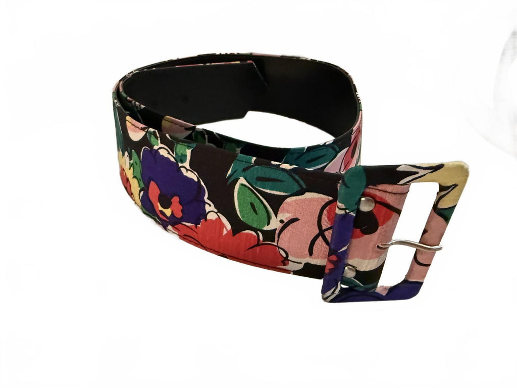 Wide Floral Print Belt with Covered Buckle