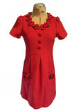 Vesade Red Wool Short Sleeve Dress with Decorative Bow and Buttons