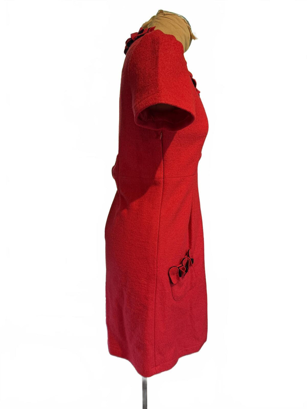 Vesade Red Wool Short Sleeve Dress with Decorative Bow and Buttons