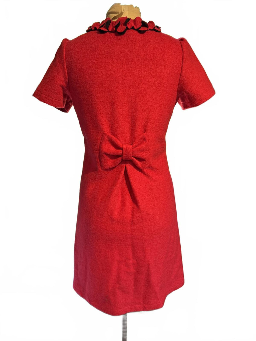 Vesade Red Wool Short Sleeve Dress with Decorative Bow and Buttons