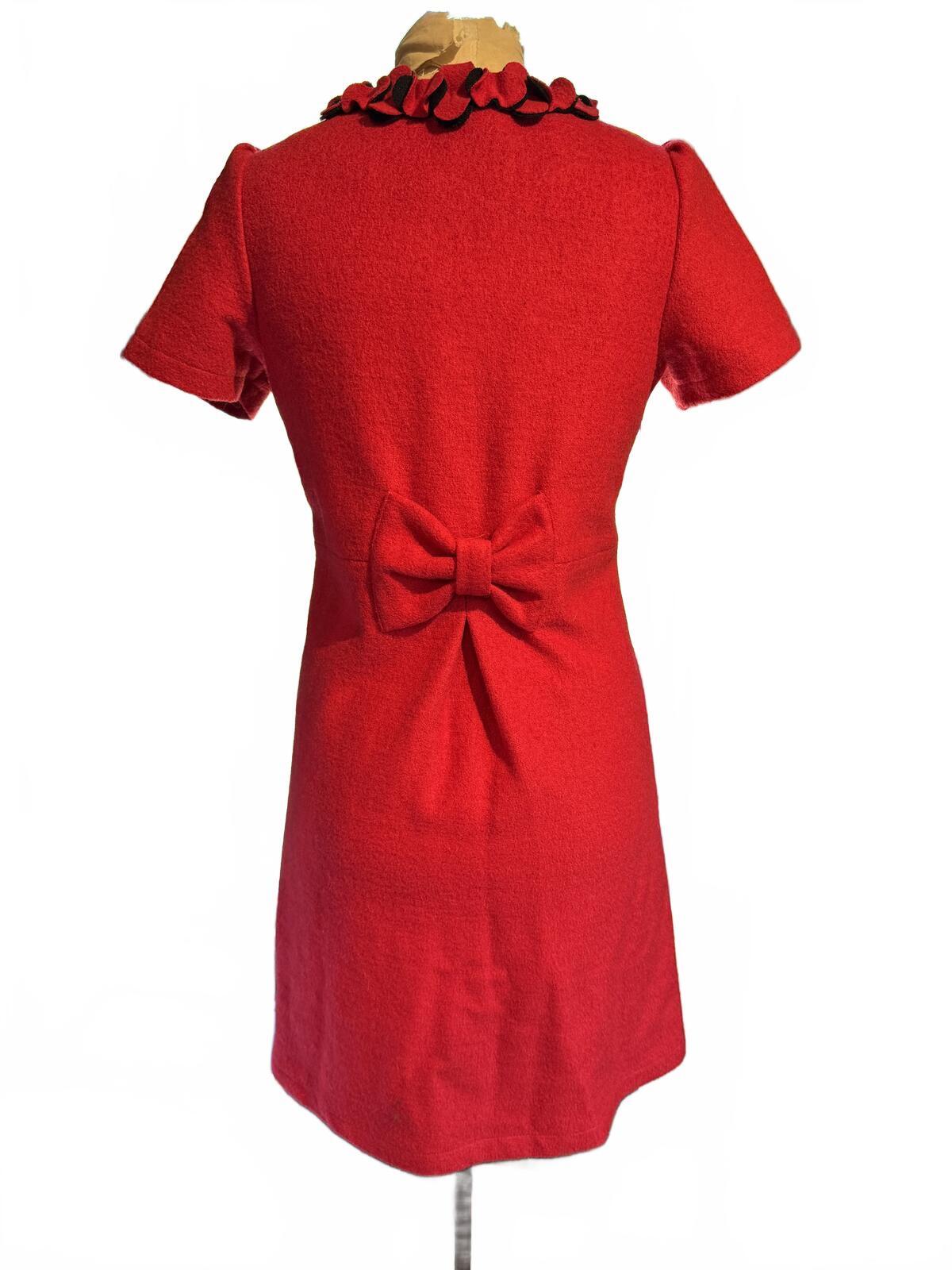 Vesade Red Wool Short Sleeve Dress with Decorative Bow and Buttons