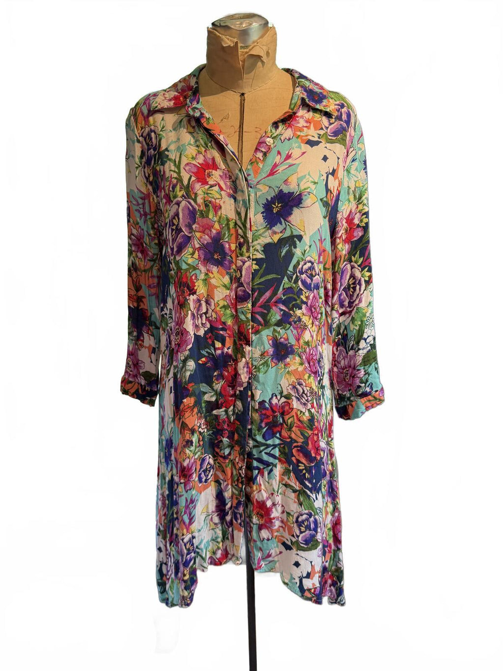 Cupio Floral Print Long Sleeve Button-Up Dress