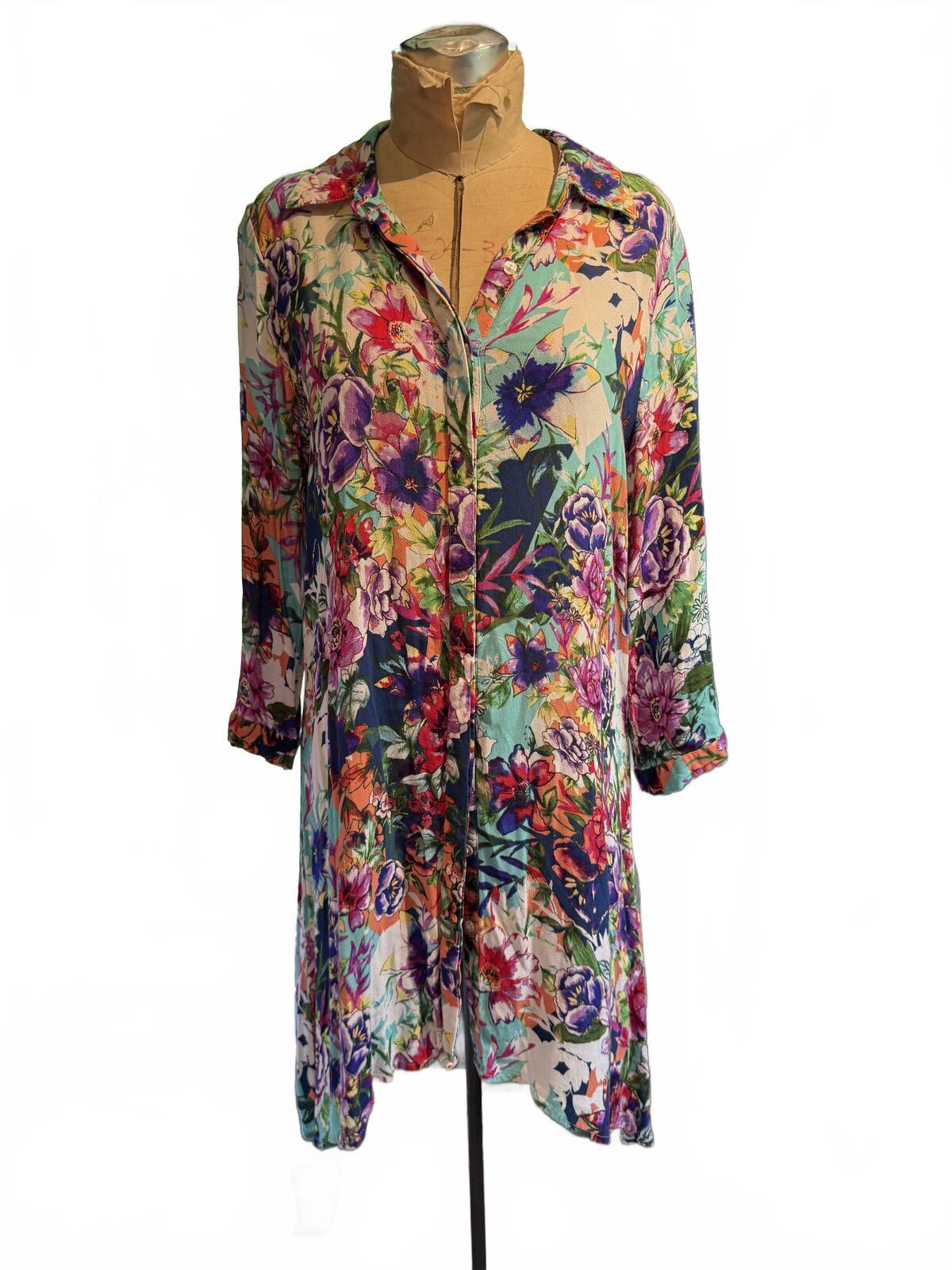 Cupio Floral Print Long Sleeve Button-Up Dress