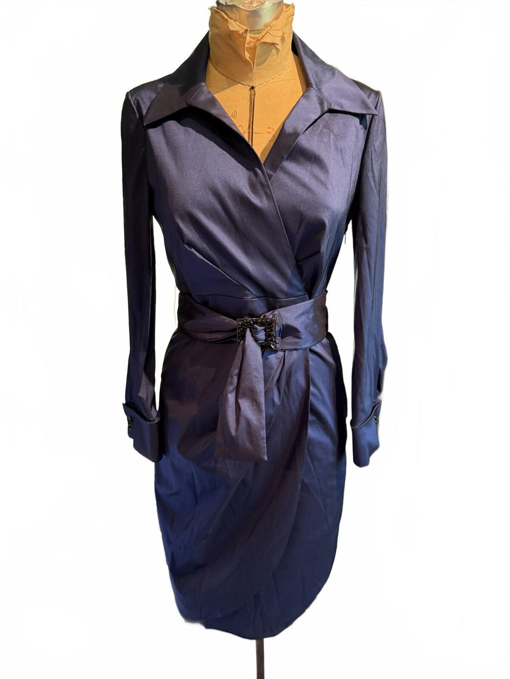 Ellen Tracy Elegant Navy Blue Belted Wrap Dress