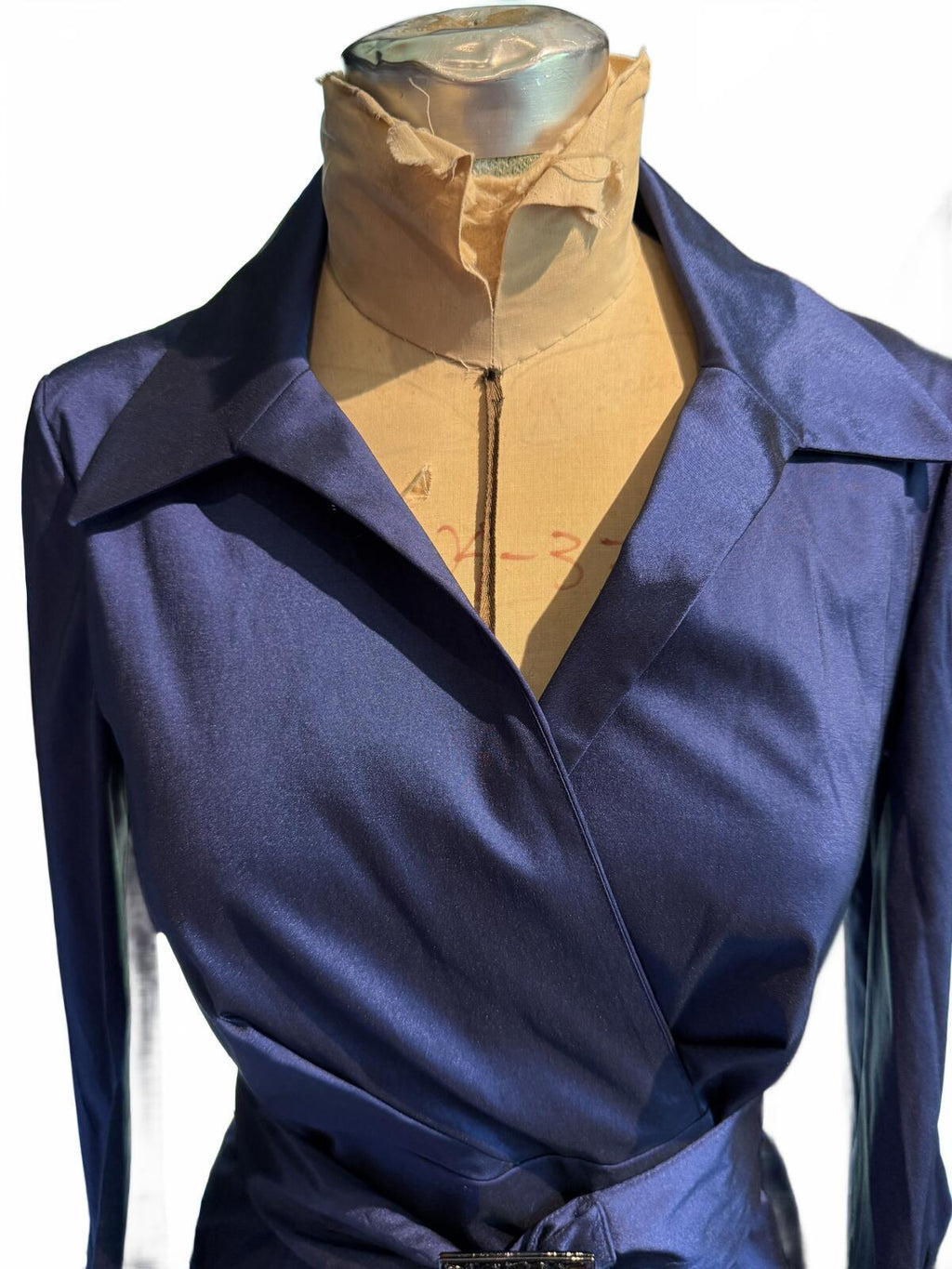 Ellen Tracy Elegant Navy Blue Belted Wrap Dress