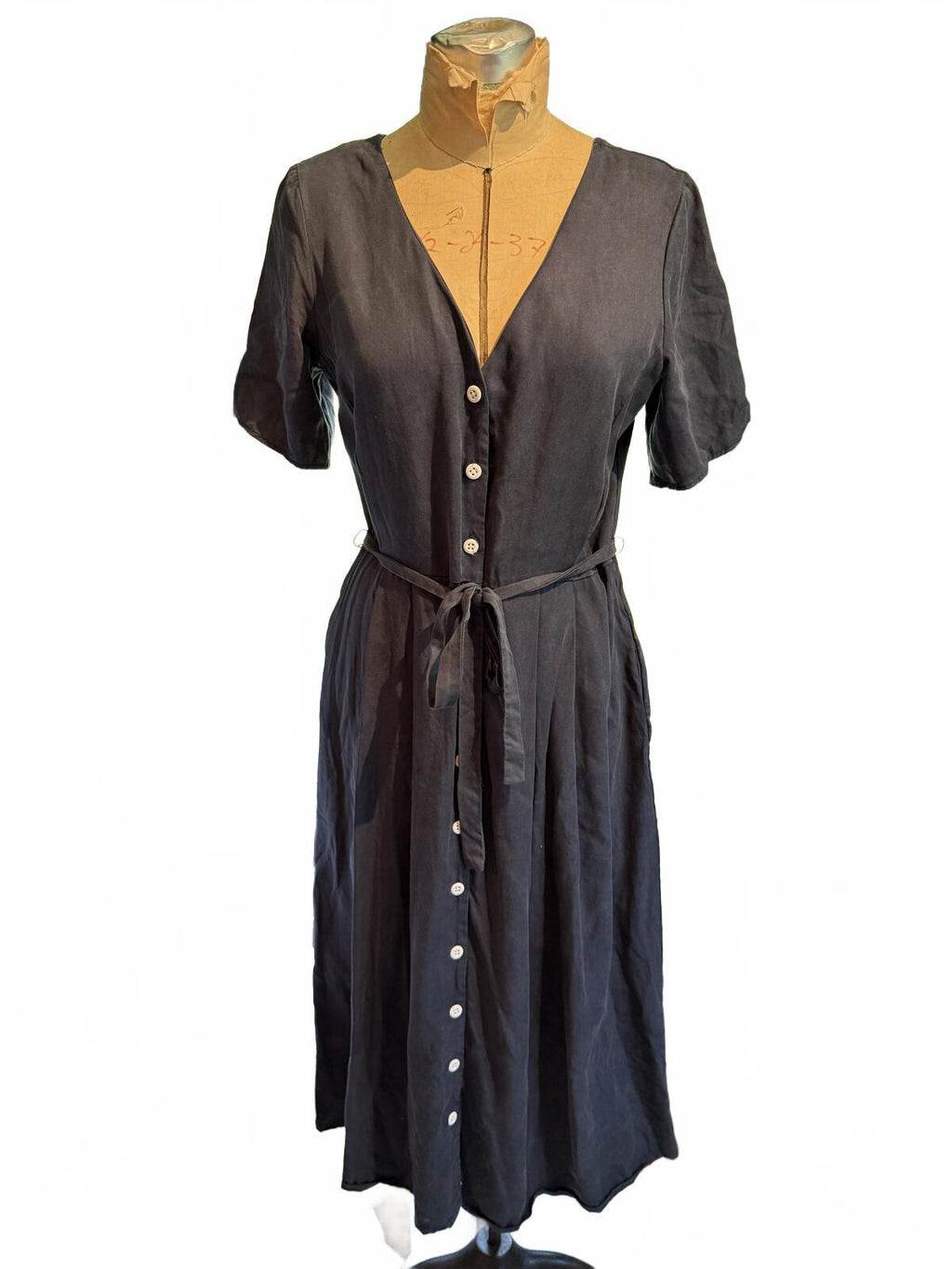 Vetta Black Button-Down Midi Dress with Tie Waist