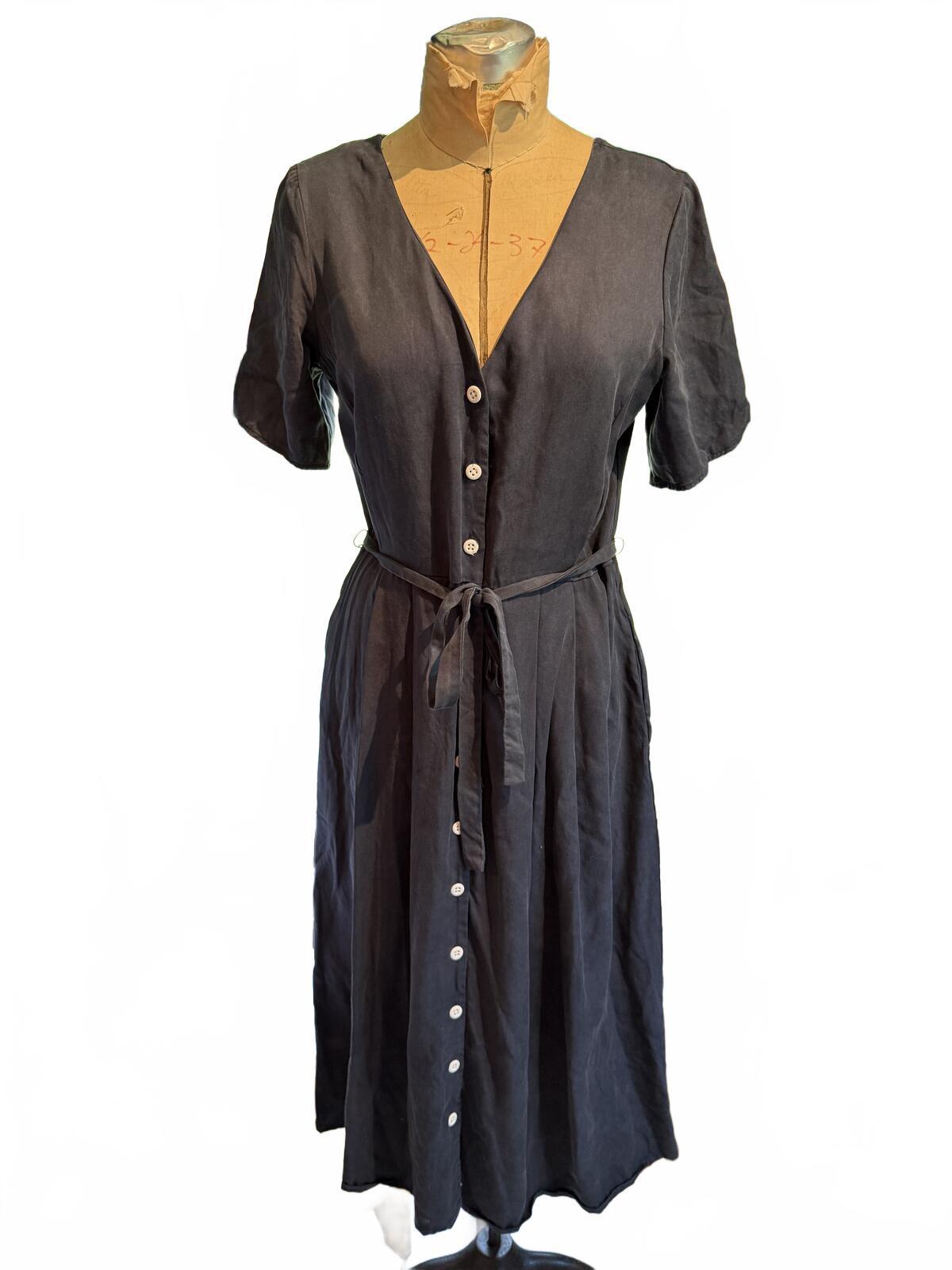 Vetta Black Button-Down Midi Dress with Tie Waist