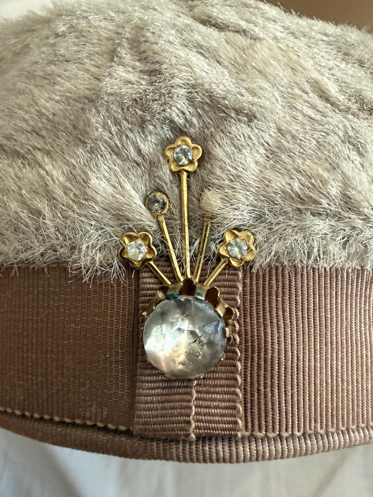 Vintage Beige Faux Fur Pillbox Hat with Decorative Brooch