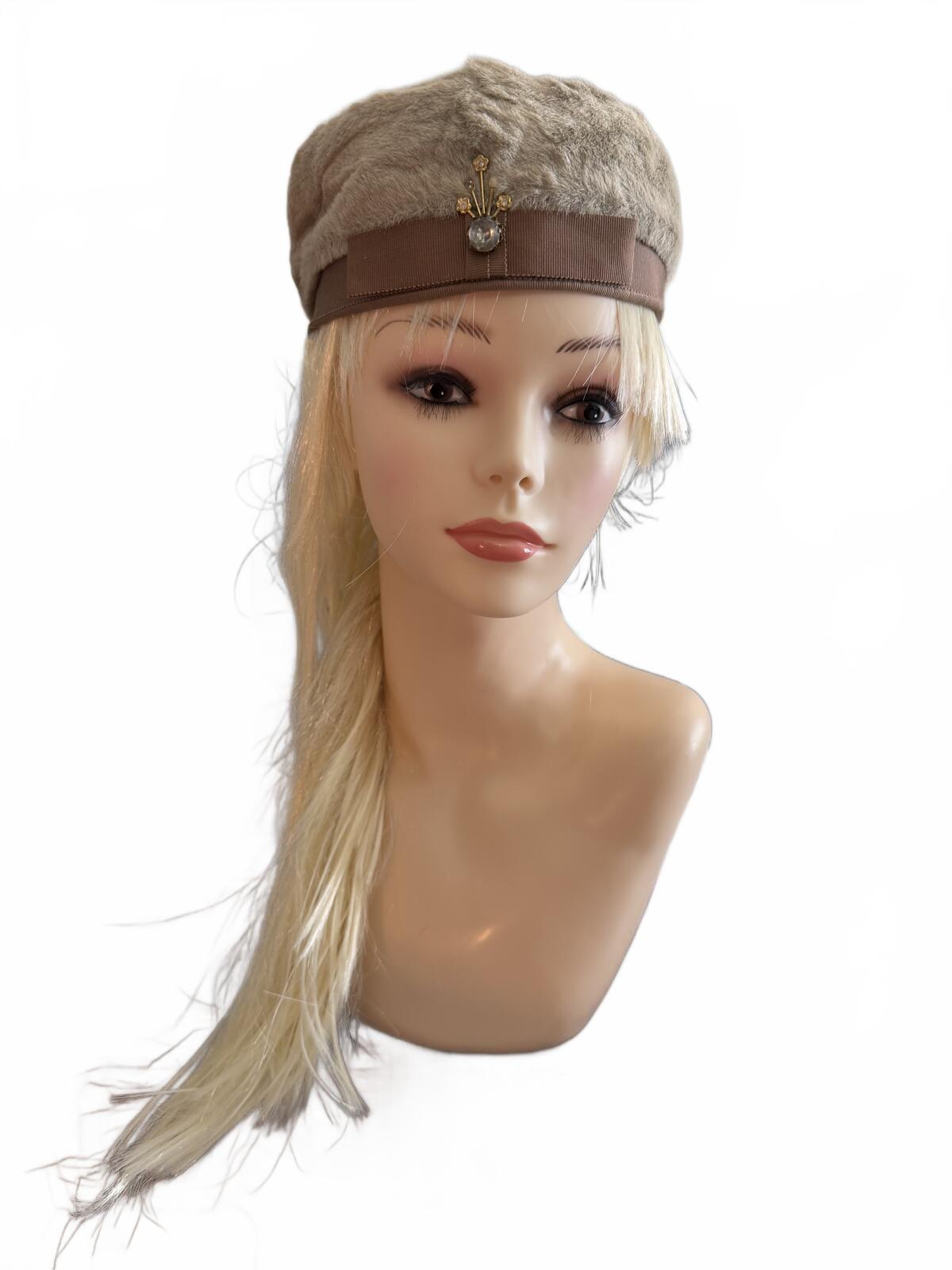 Vintage Beige Faux Fur Pillbox Hat with Decorative Brooch