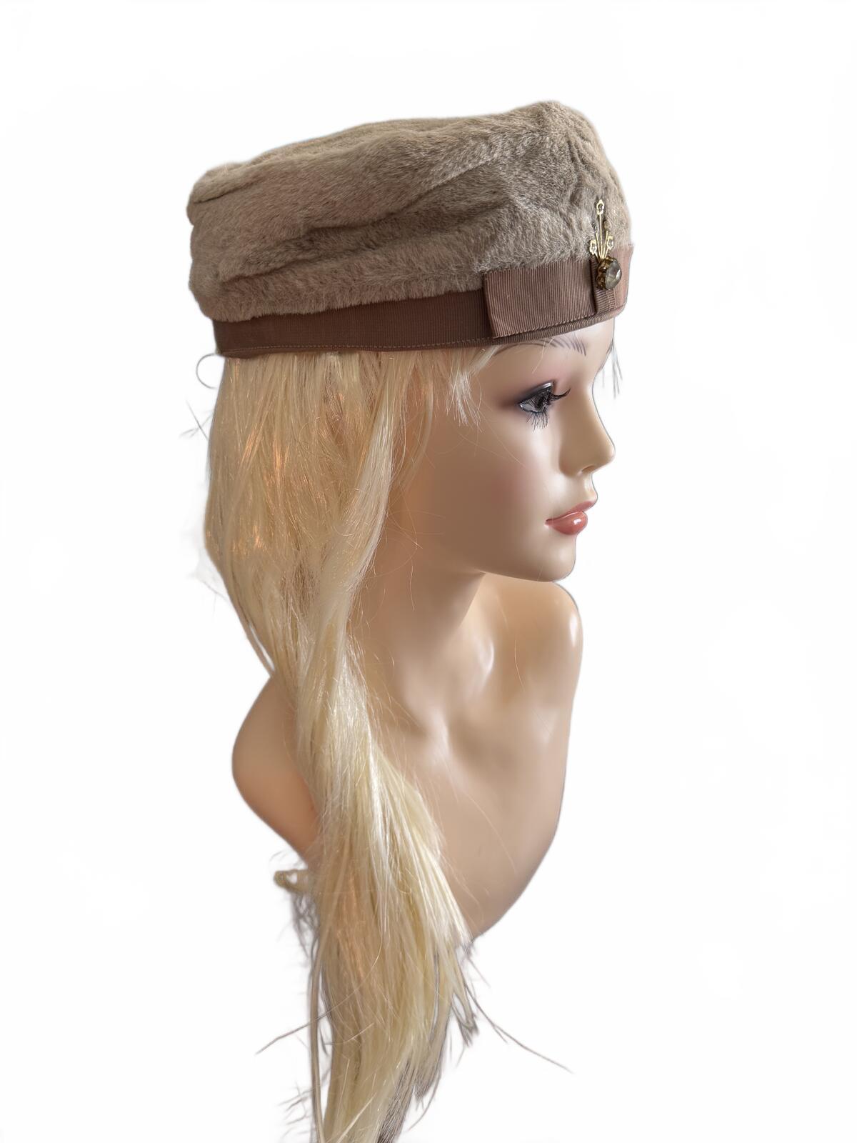 Vintage Beige Faux Fur Pillbox Hat with Decorative Brooch