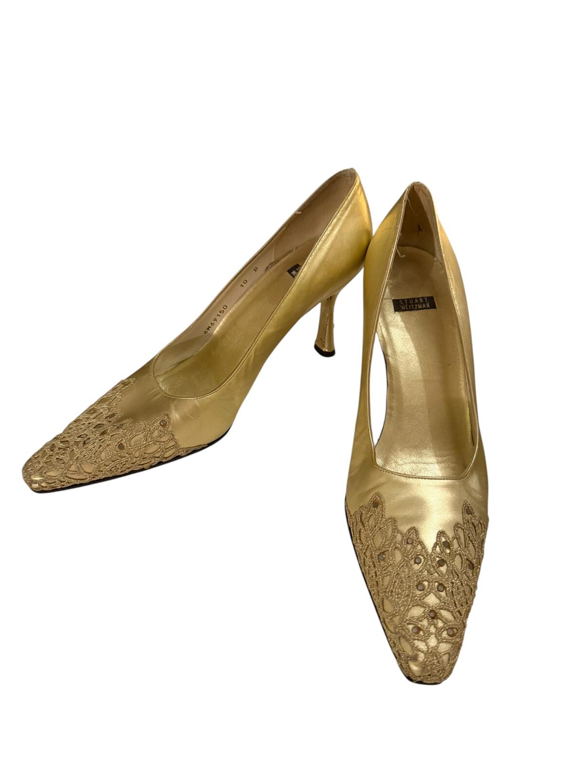 Stuart Weitzman Gold Leather Pointed Toe Heels with Lace Detail