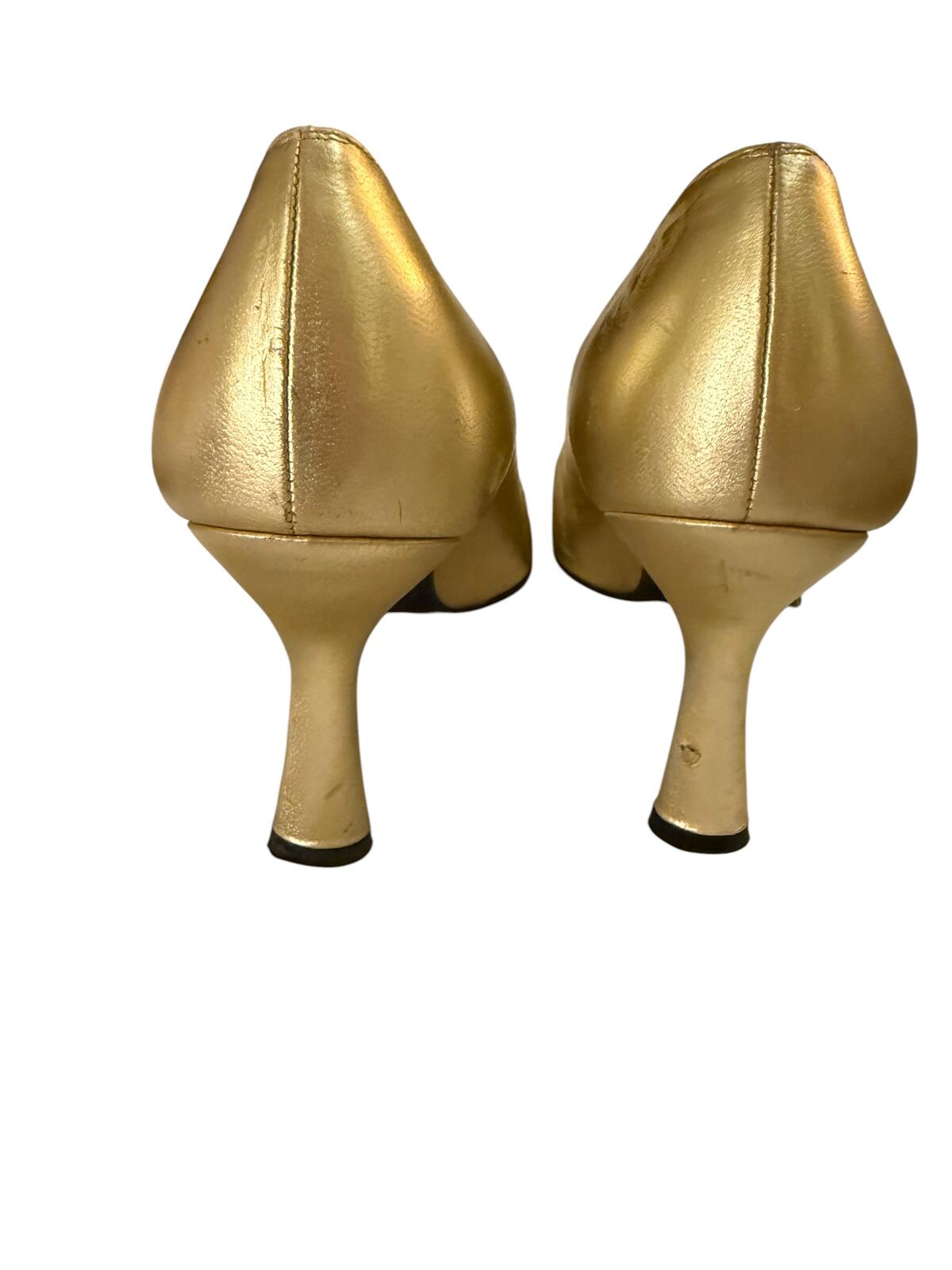 Stuart Weitzman Gold Leather Pointed Toe Heels with Lace Detail