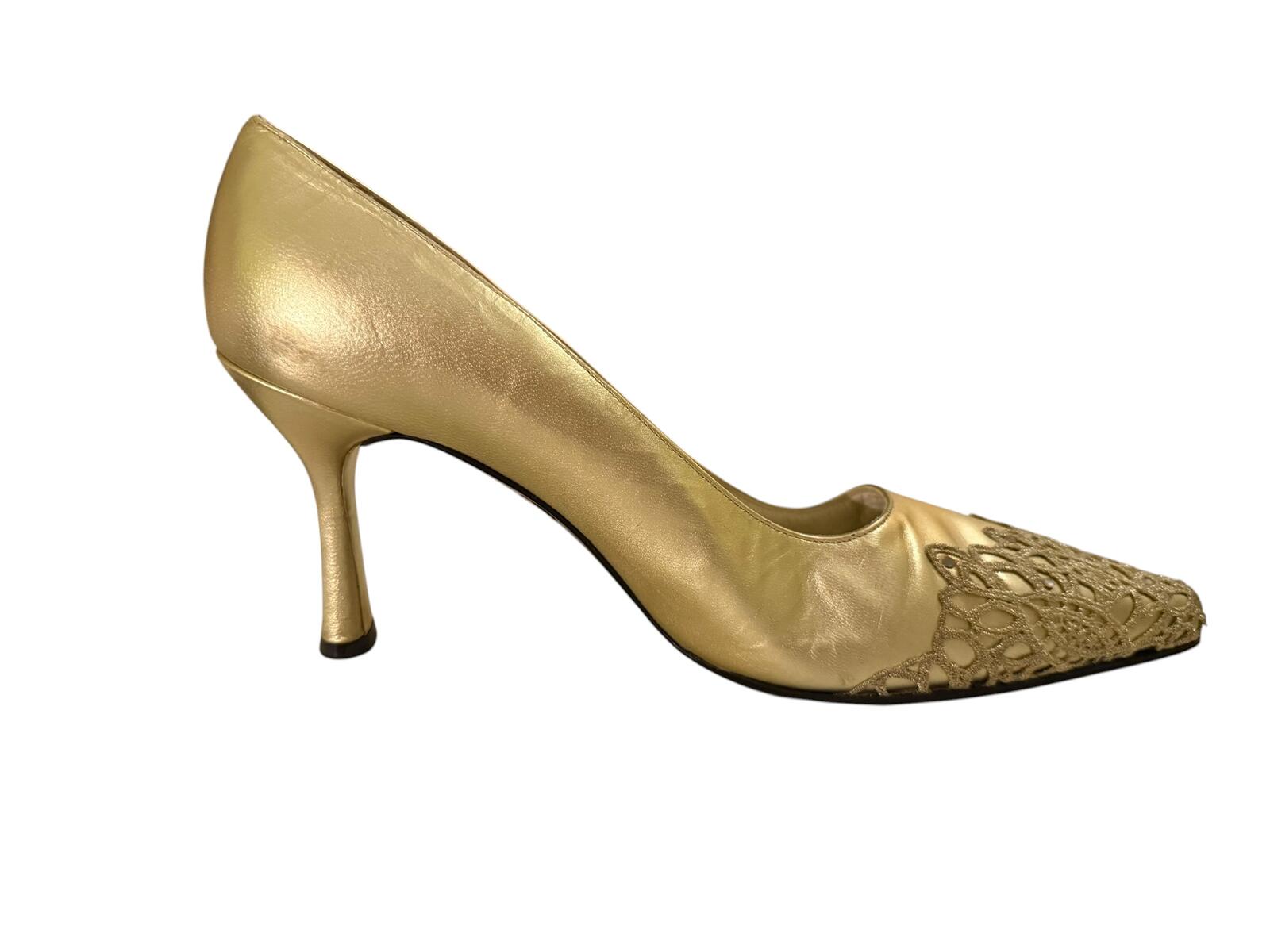 Stuart Weitzman Gold Leather Pointed Toe Heels with Lace Detail