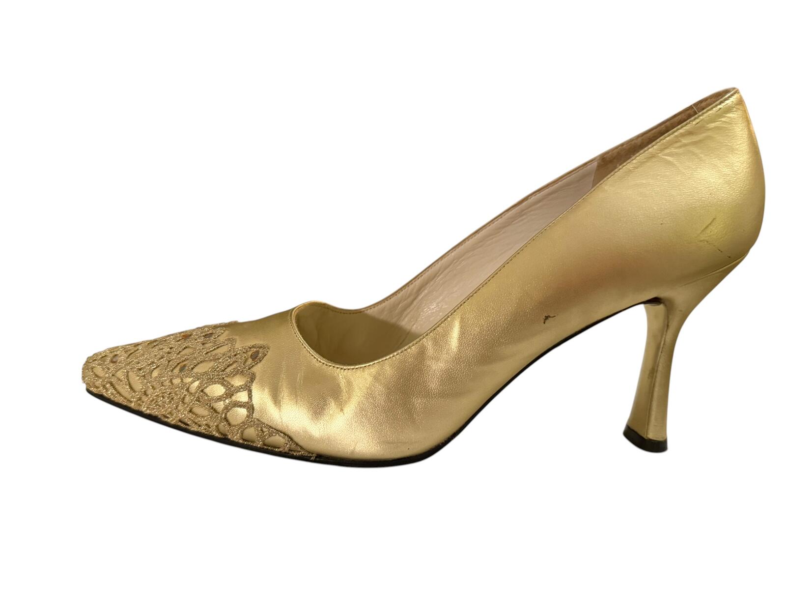 Stuart Weitzman Gold Leather Pointed Toe Heels with Lace Detail