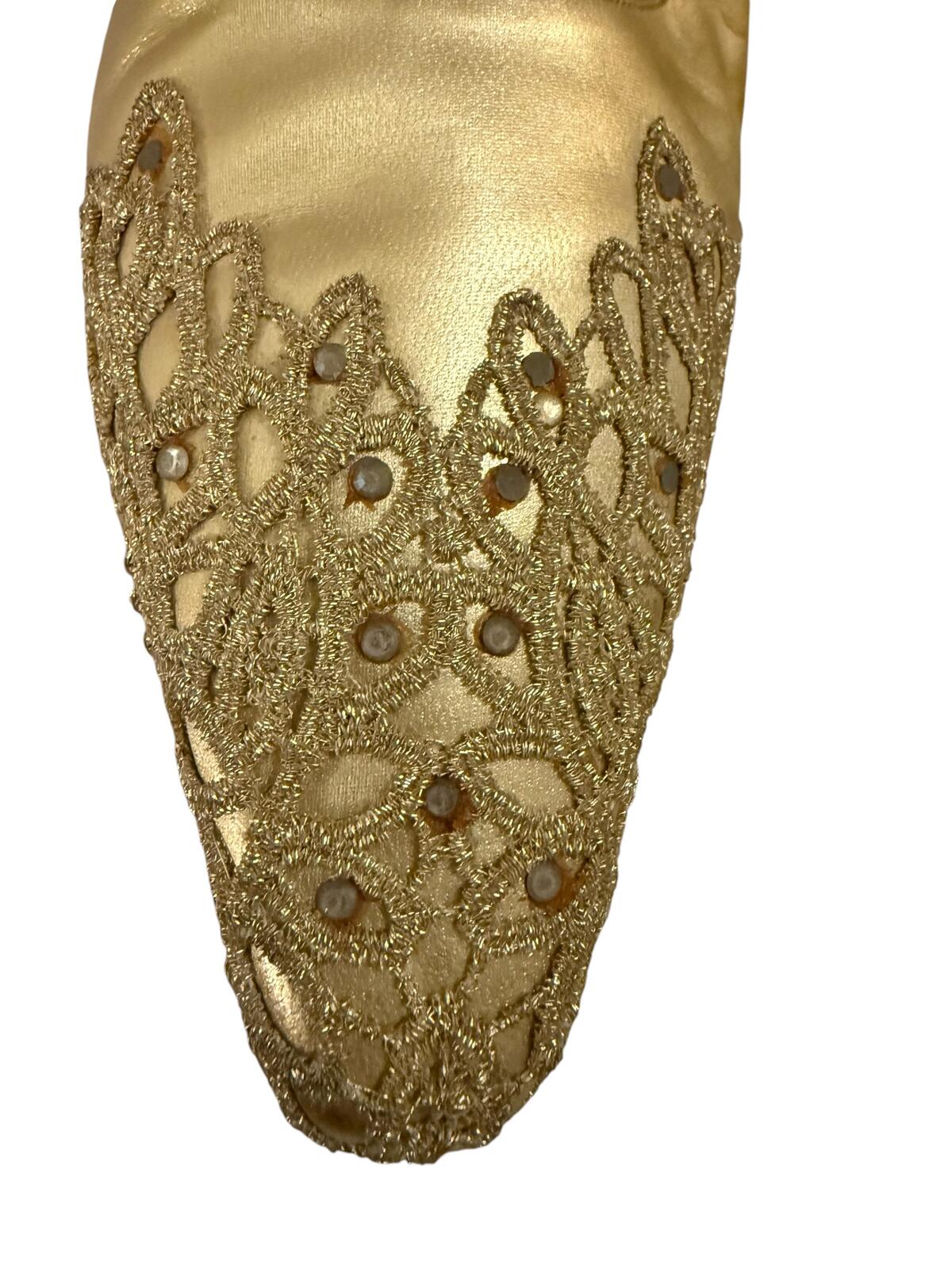 Stuart Weitzman Gold Leather Pointed Toe Heels with Lace Detail