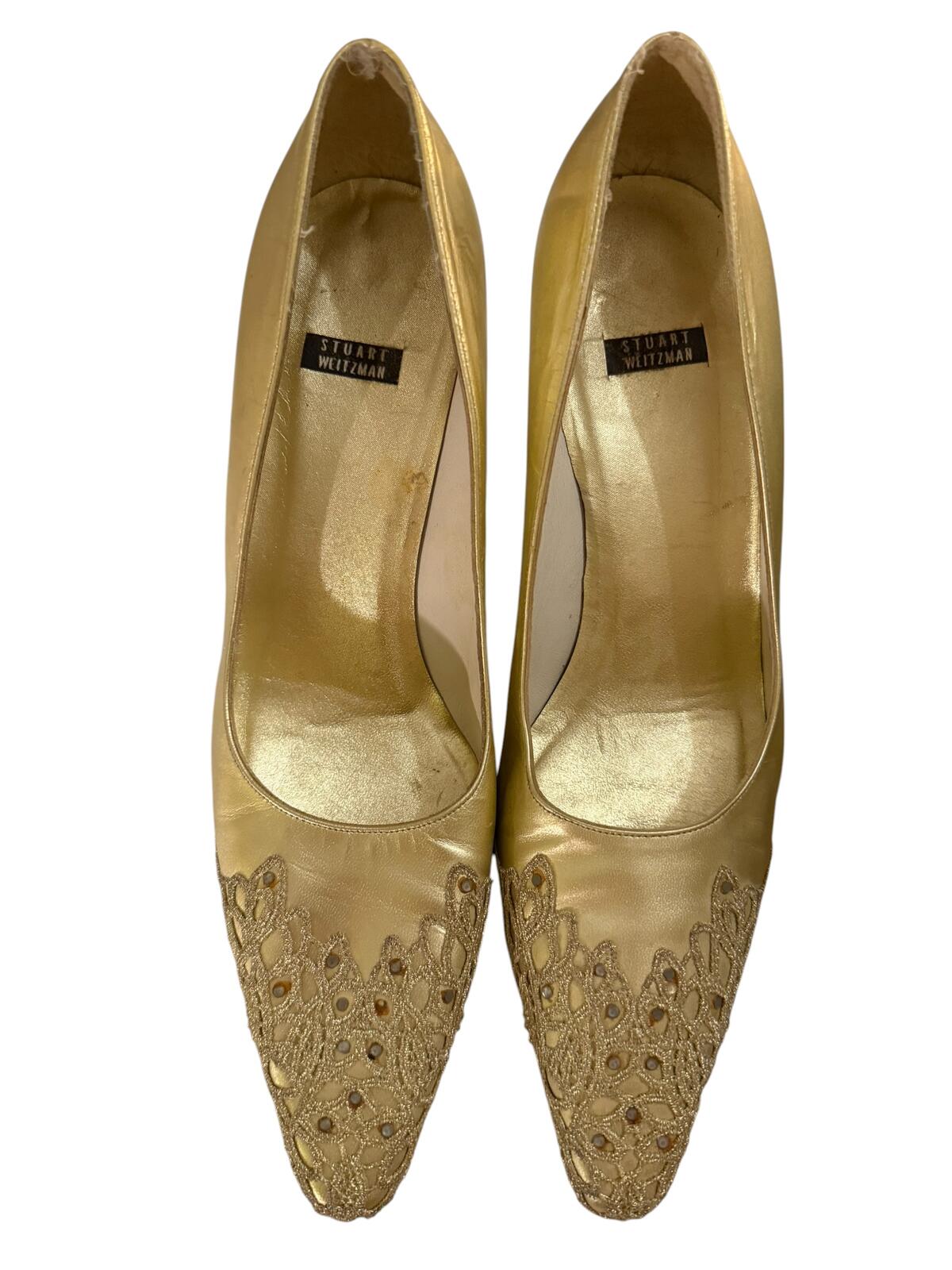 Stuart Weitzman Gold Leather Pointed Toe Heels with Lace Detail