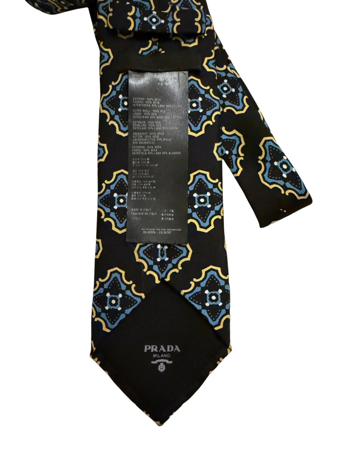 Prada Milano Black and Blue Patterned Silk Tie