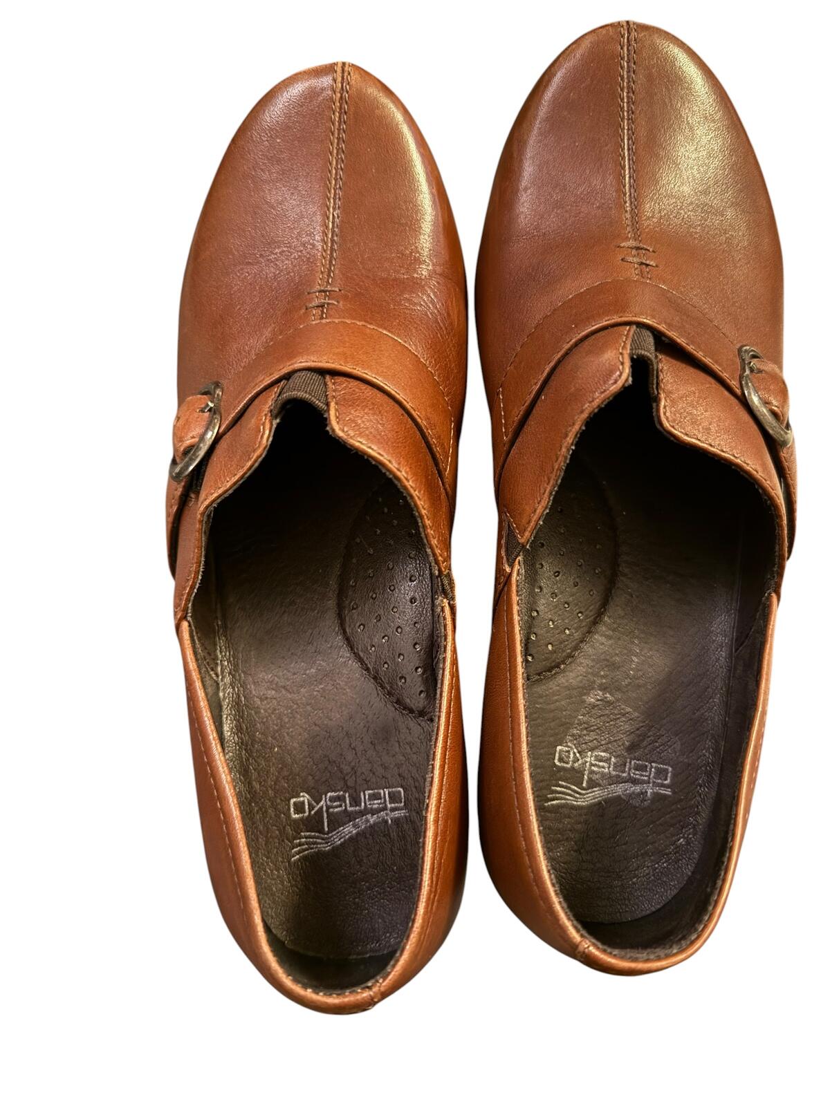 Dansko Brown Leather Slip-On Shoes with Buckle Detail