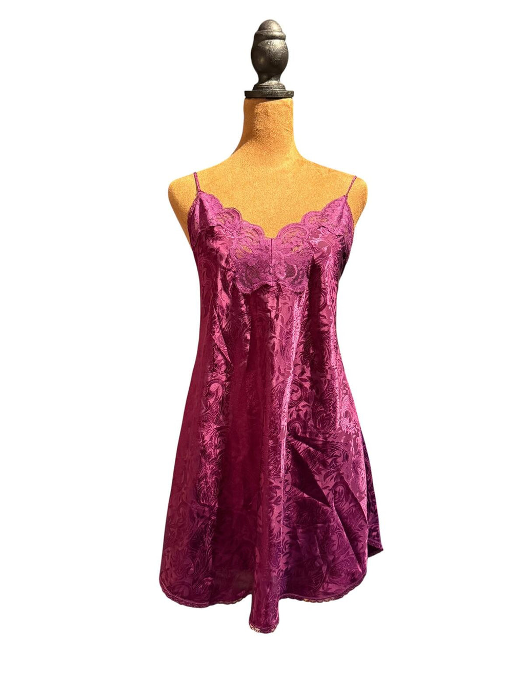 LA II Vintage Burgundy Satin Slip Dress with Lace Trim