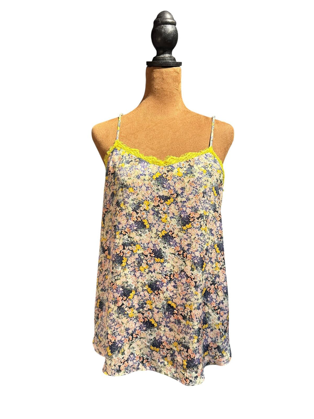 Floral Print Spaghetti Strap Camisole Top with Yellow Lace Trim