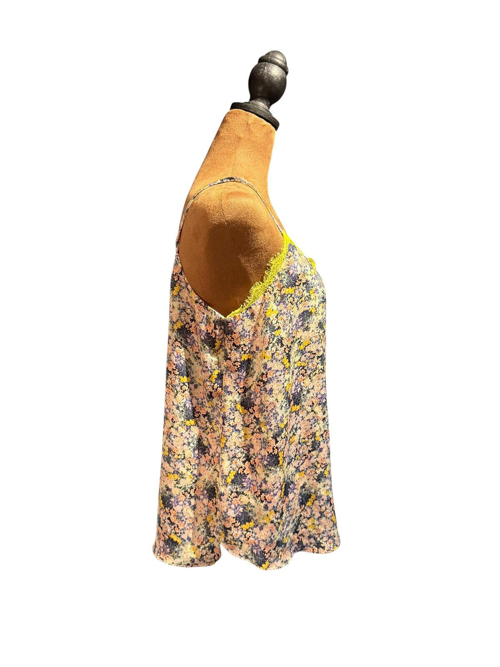Floral Print Spaghetti Strap Camisole Top with Yellow Lace Trim