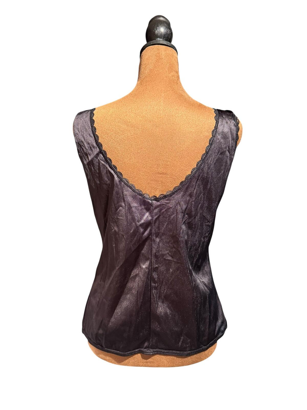 Vintage Black Satin Lace Trim Sleeveless Top
