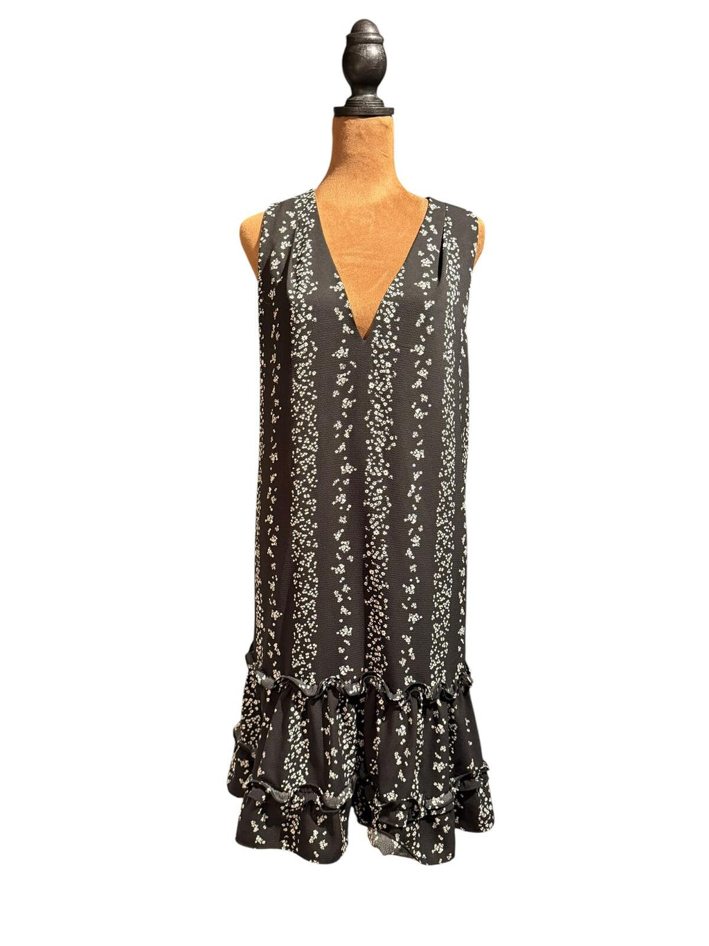 BCBG Black Sleeveless Ruffled Hem Dress with White Floral Pattern