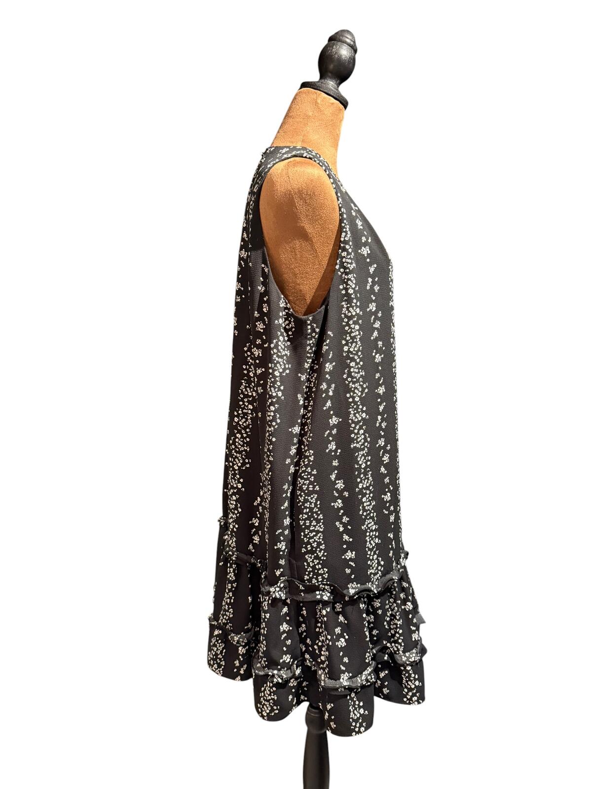 BCBG Black Sleeveless Ruffled Hem Dress with White Floral Pattern