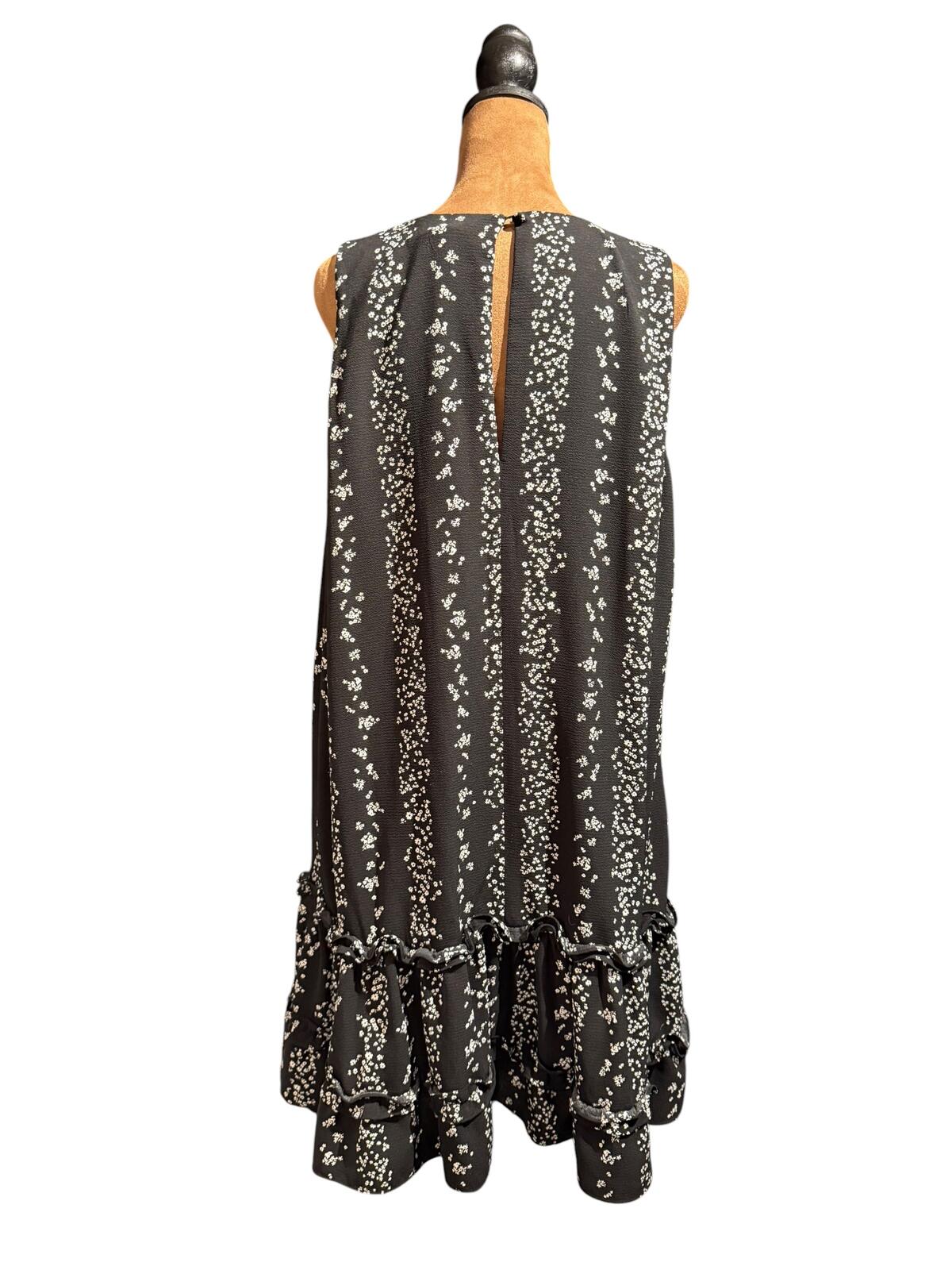 BCBG Black Sleeveless Ruffled Hem Dress with White Floral Pattern