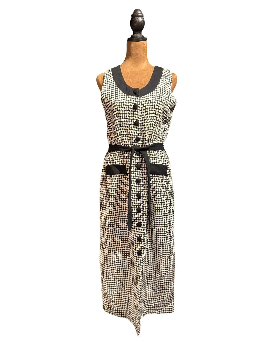 Talent Vintage Sleeveless Houndstooth Button-Front Maxi Dress with Belt
