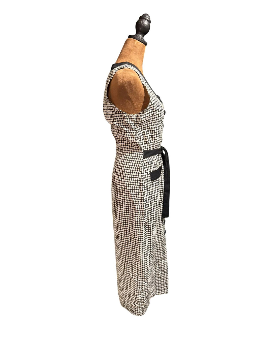 Talent Vintage Sleeveless Houndstooth Button-Front Maxi Dress with Belt