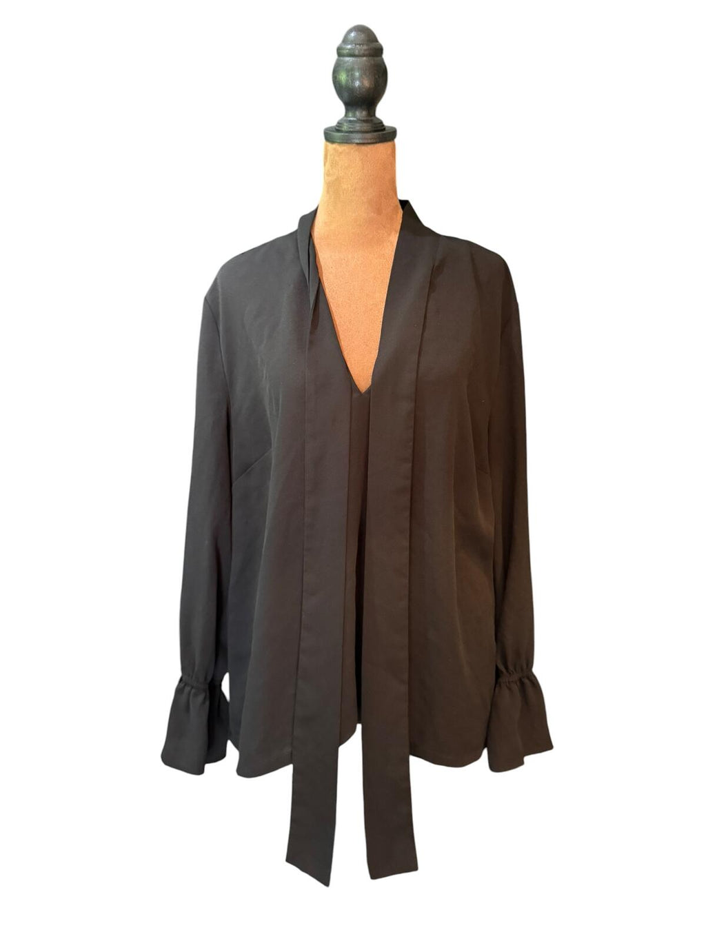 Mudpie Black Long Sleeve Blouse with Neck Tie Bow